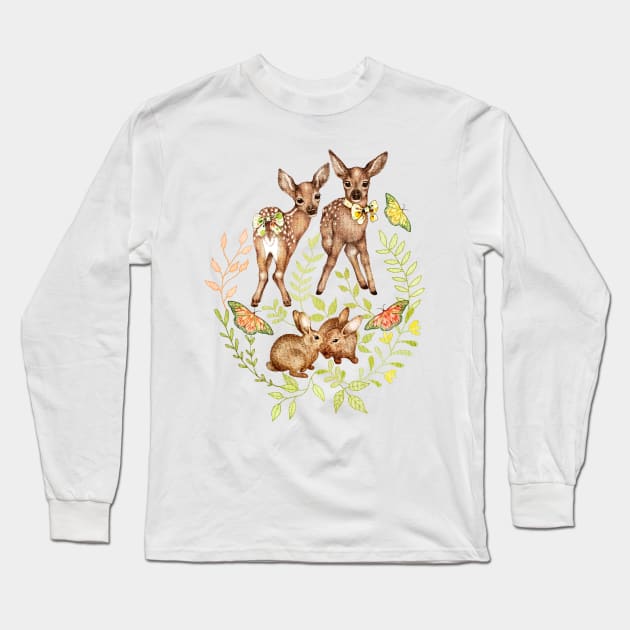 Whimsical Forest Fawns & Rabbits Long Sleeve T-Shirt by PerrinLeFeuvre